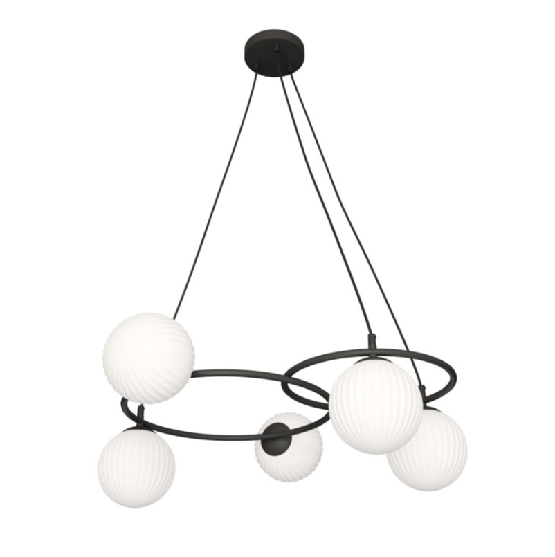 Czarna lampa wisząca Libra 5 z mlecznymi ryflowanymi kloszami