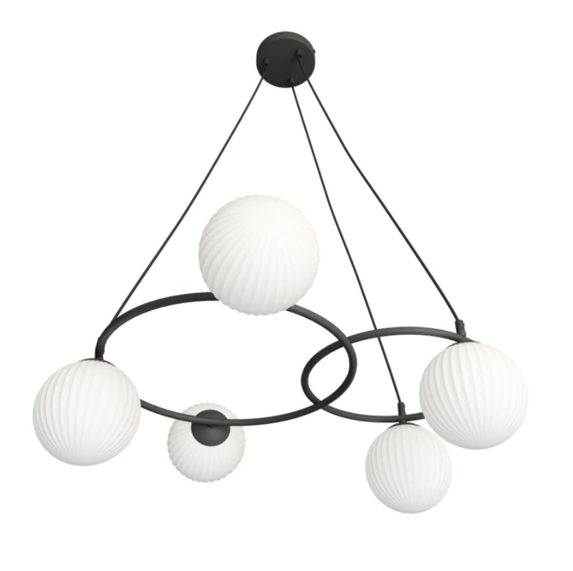 Czarna lampa wisząca Libra 5 z mlecznymi ryflowanymi kloszami