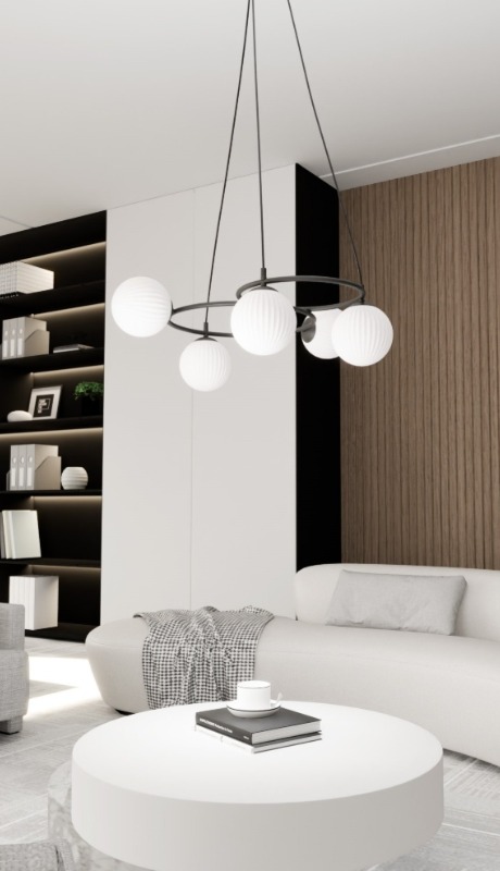 Czarna lampa wisząca Libra 5 z mlecznymi ryflowanymi kloszami