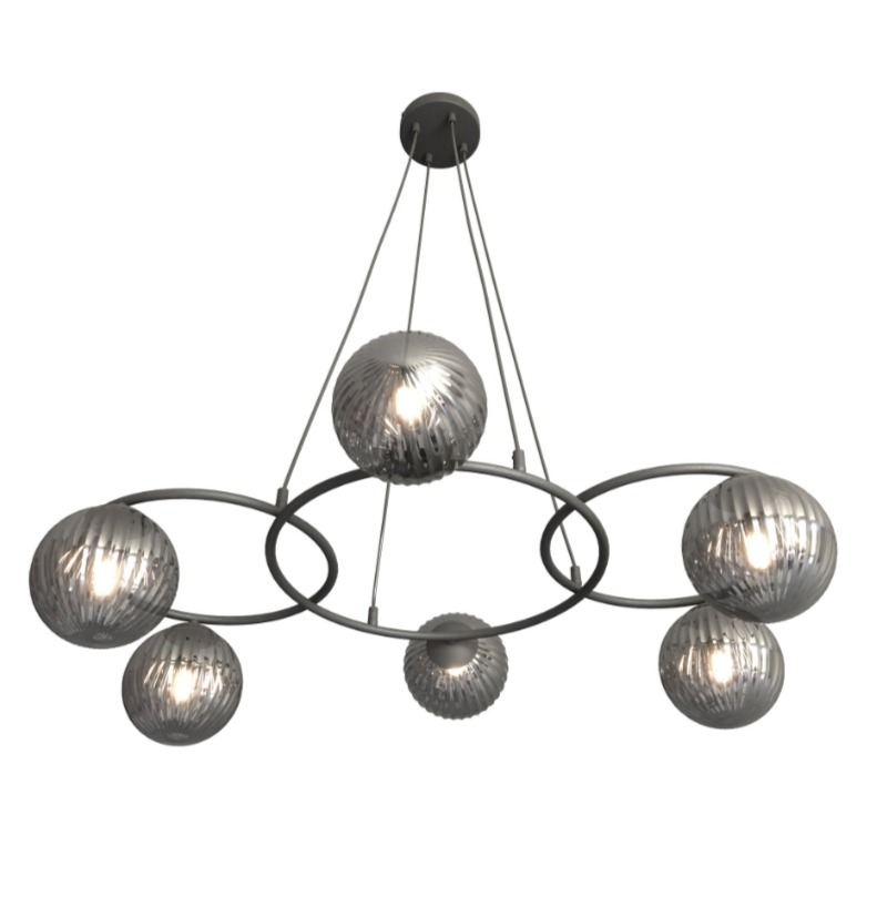 Czarna lampa wisząca Libra 6 z grafitowymi kloszami ze szkła ryflowanego