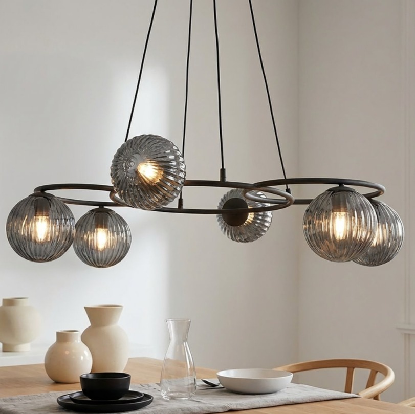 Czarna lampa wisząca Libra 6 z grafitowymi kloszami ze szkła ryflowanego