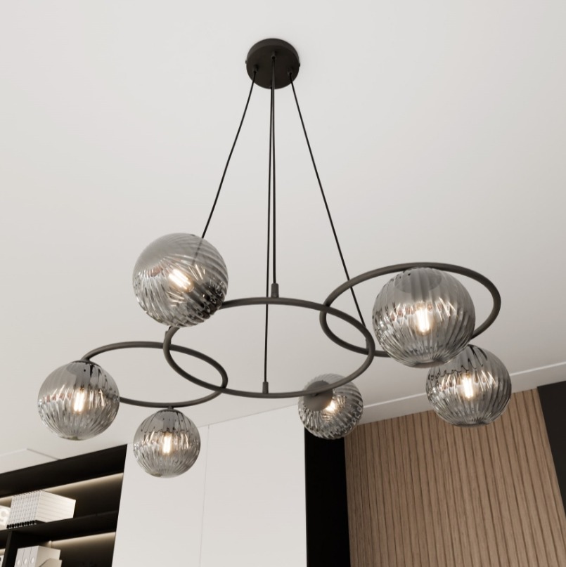 Czarna lampa wisząca Libra 6 z grafitowymi kloszami ze szkła ryflowanego