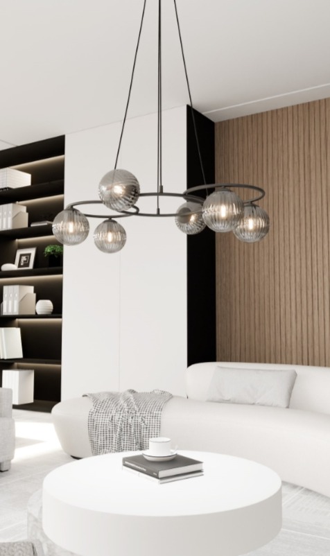 Czarna lampa wisząca Libra 6 z grafitowymi kloszami ze szkła ryflowanego