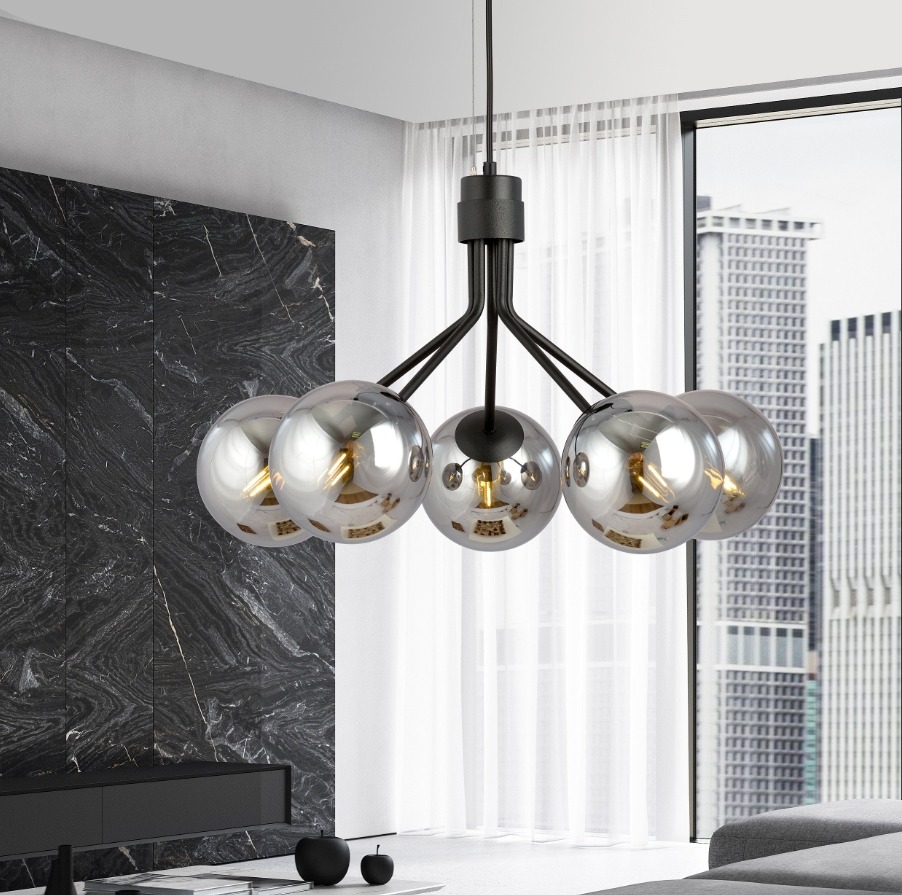 Czarna lampa wisząca Nova 5 z grafitowymi szklanymi kulami – Emibig