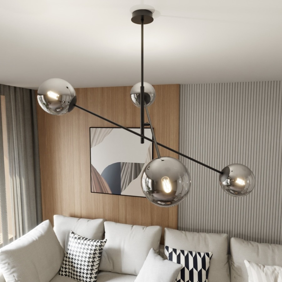 Lampa sufitowa Linear 4 czarna z grafitowymi kloszami E27 – styl loftowy