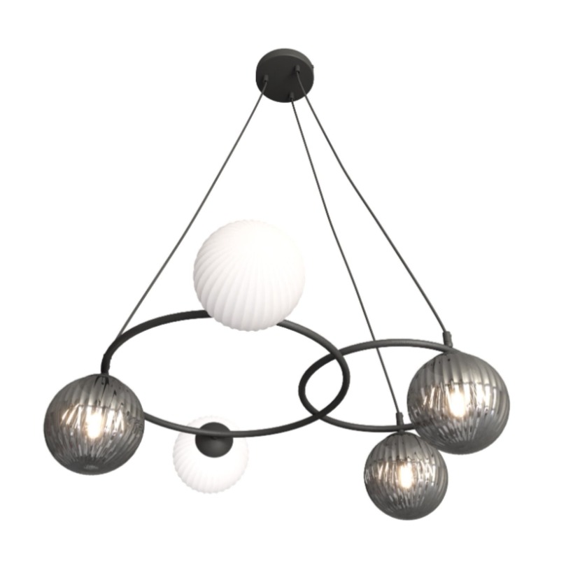 Lampa wisząca Libra 5 czarna – pięć kulistych kloszy mlecznych i dymionych