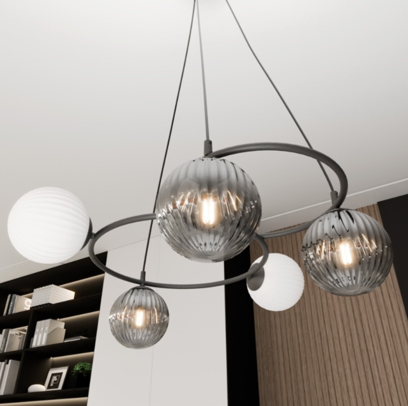 Lampa wisząca Libra 5 czarna – pięć kulistych kloszy mlecznych i dymionych