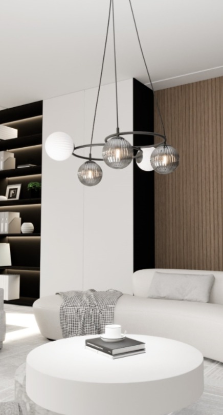 Lampa wisząca Libra 5 czarna – pięć kulistych kloszy mlecznych i dymionych