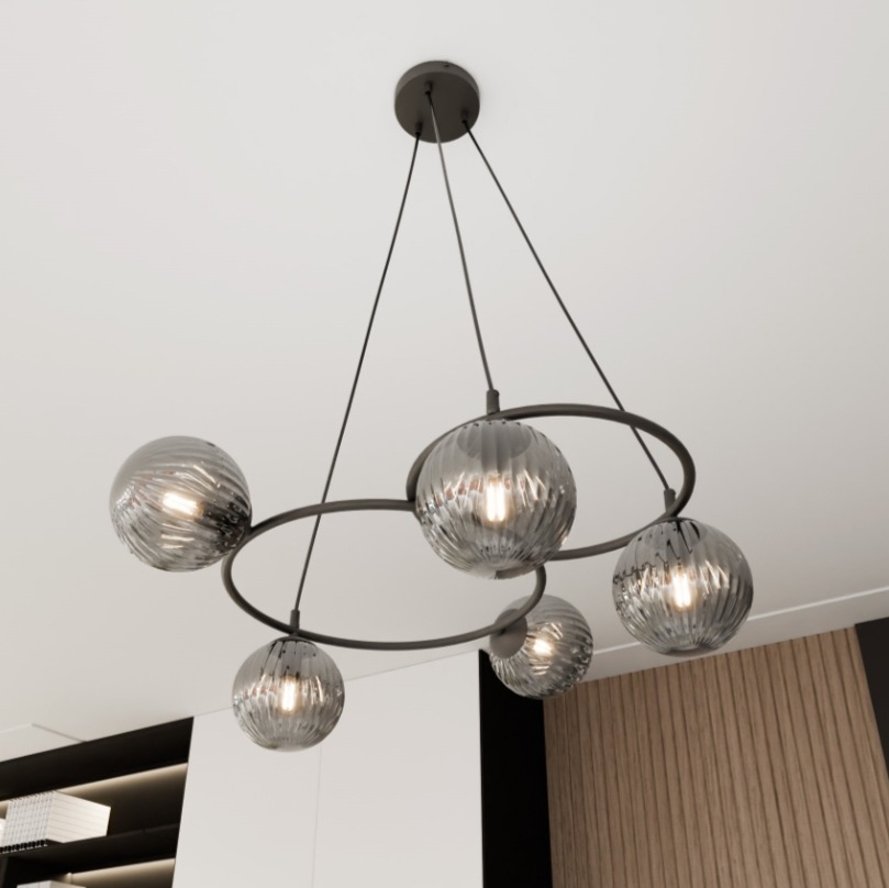 Lampa wisząca Libra 5 czarna z grafitowymi ryflowanymi kloszami
