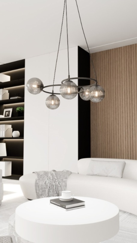 Lampa wisząca Libra 5 czarna z grafitowymi ryflowanymi kloszami