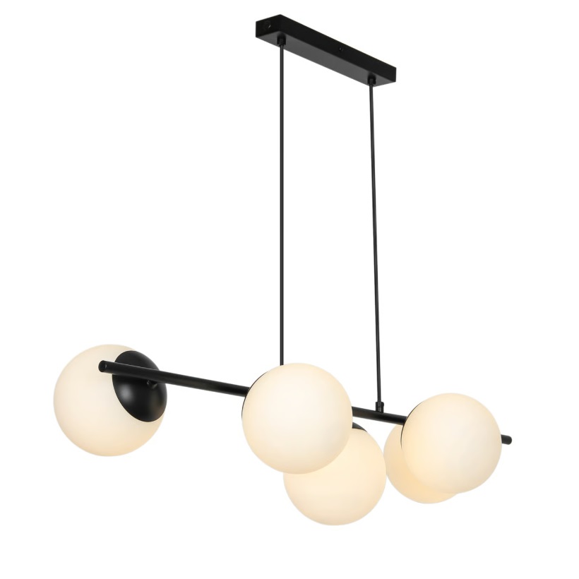 Lampa wisząca Lilly 5 czarna z mlecznymi kulami – podłużna oprawa nad stół lub wyspę