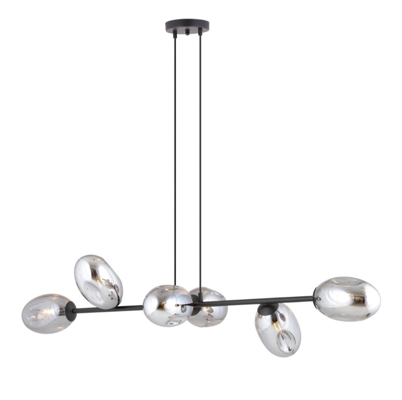 Lampa wisząca Pandora 6 – grafitowe szklane klosze na czarnej belce