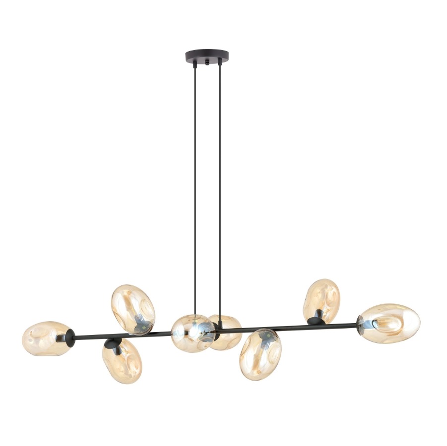 Lampa wisząca Pandora 8 czarna z bursztynowymi kloszami