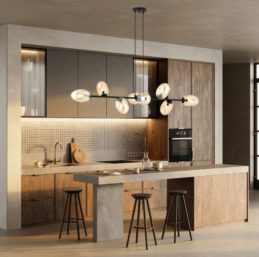 Lampa wisząca Pandora 8 czarna z bursztynowymi kloszami