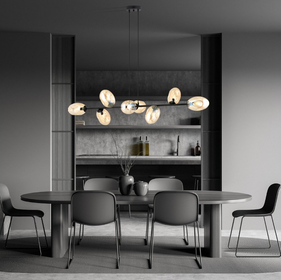 Lampa wisząca Pandora 8 czarna z bursztynowymi kloszami