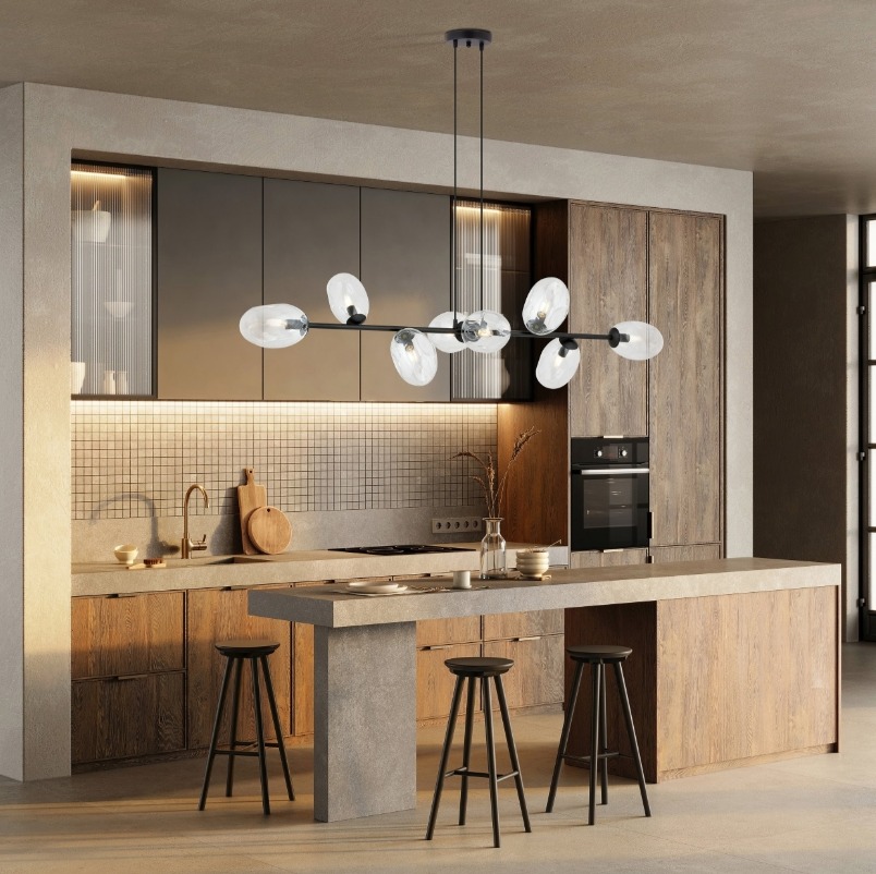 Lampa wisząca Pandora 8 czarna z transparentnymi kloszami szklanymi nad stół