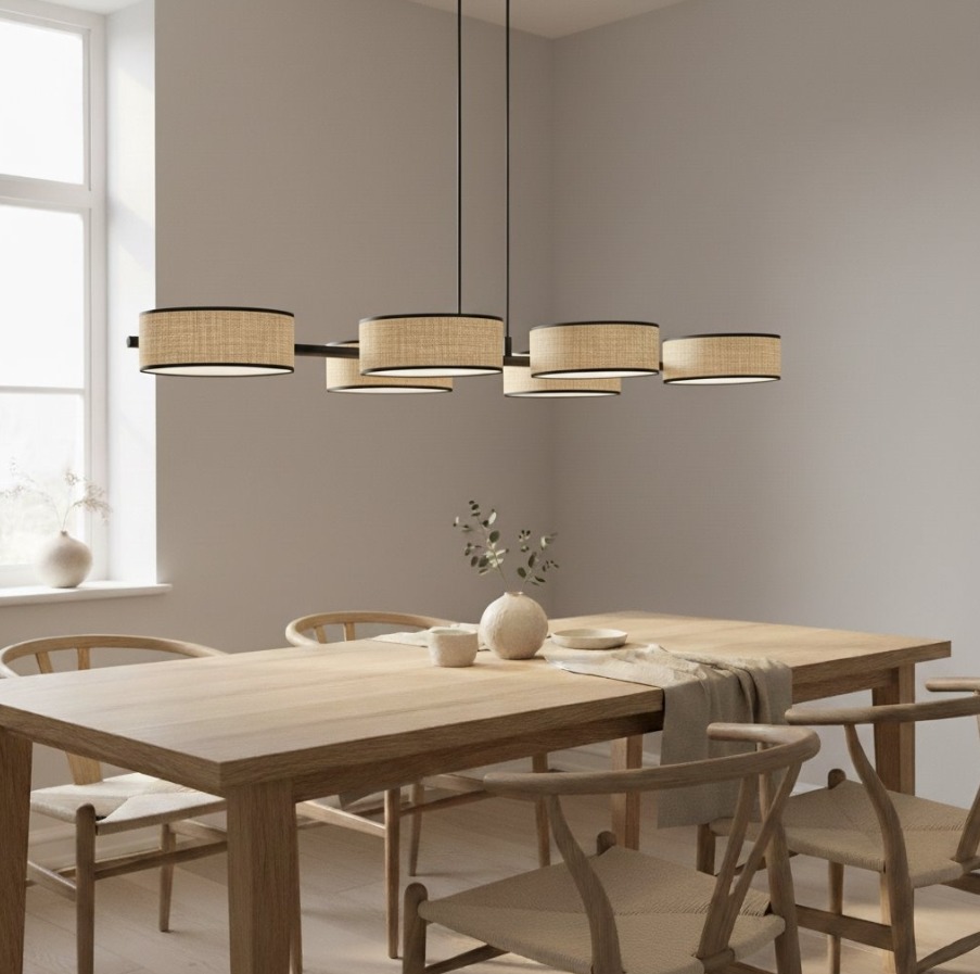 Długa lampa nad stół z 6 abażurami w stylu rattan - Emibig Drumz 6