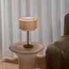 Lniana lampa stołowa japandi Takai, podstawa w odcieniu mosiądzu