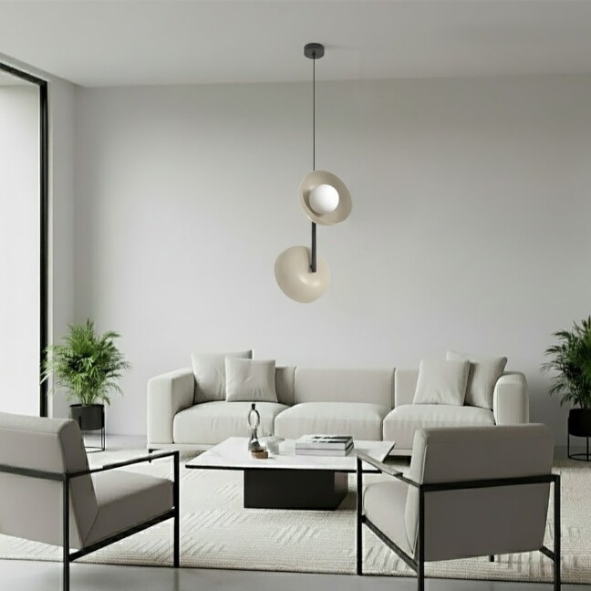 Designerska beżowa lampa wisząca z dwoma kloszami - Emibig Vanila