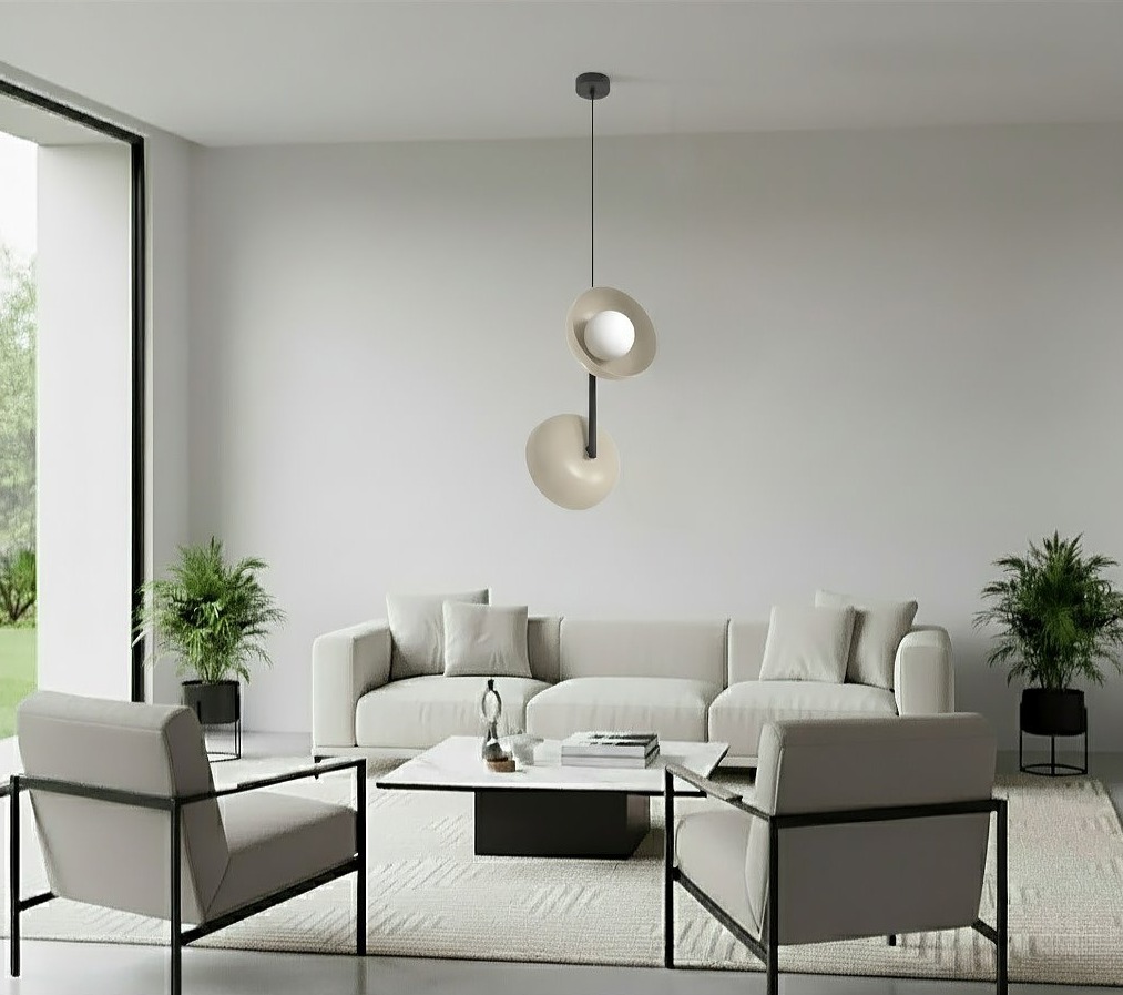 Designerska beżowa lampa wisząca z dwoma kloszami - Emibig Vanila