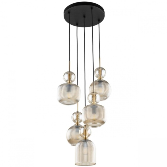 Lampa wisząca Sophia 5, pięć szklanych bursztynowych kloszy z kulkami