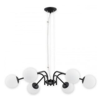 Czarna lampa wisząca Nol 6 z sześcioma mlecznymi kulami