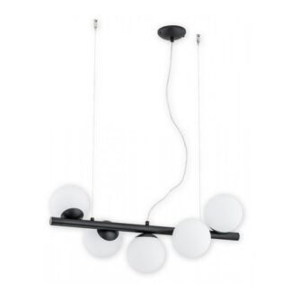 Lampa wisząca Osso 5 czarna listwa z białymi szklanymi kulami