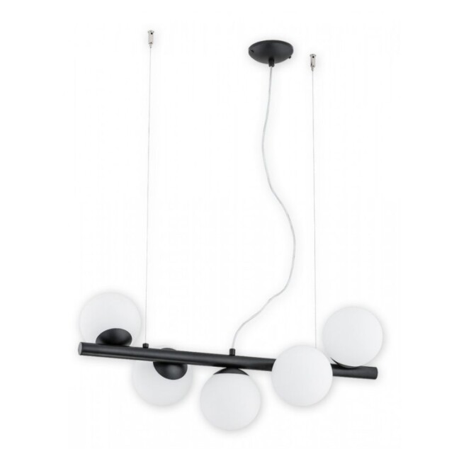 Lampa wisząca Osso 5 czarna listwa z białymi szklanymi kulami