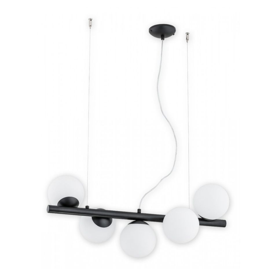 Lampa wisząca Osso 5 czarna listwa z białymi szklanymi kulami