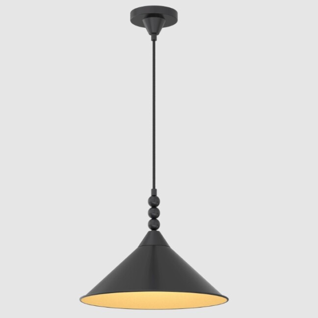 Czarna lampa wisząca Ashford z metalowym stożkowym kloszem i ozdobnymi kulkami