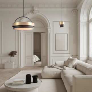 Lampa wisząca Coburg 6 czarno‑mosiężna z alabastrowym kloszem 6xE14