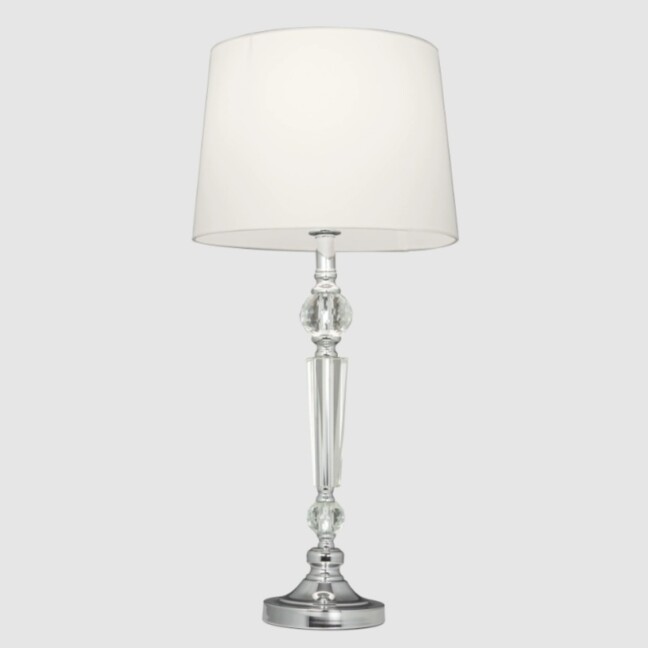 Lampa stołowa Charlotte glamour z kryształową podstawą i białym abażurem