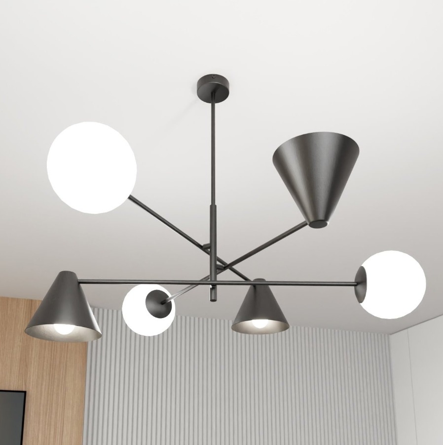 Żyrandol loft czarno-biały z sześcioma kloszami - Emibig Hermes 6