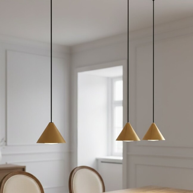 Lampa wisząca Elit 3 złota z trzema stożkowymi kloszami