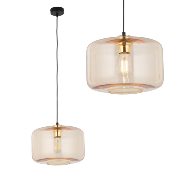 Elegancka czarno-złota lampa wisząca Alma 30 cm - z bursztynowym kloszem