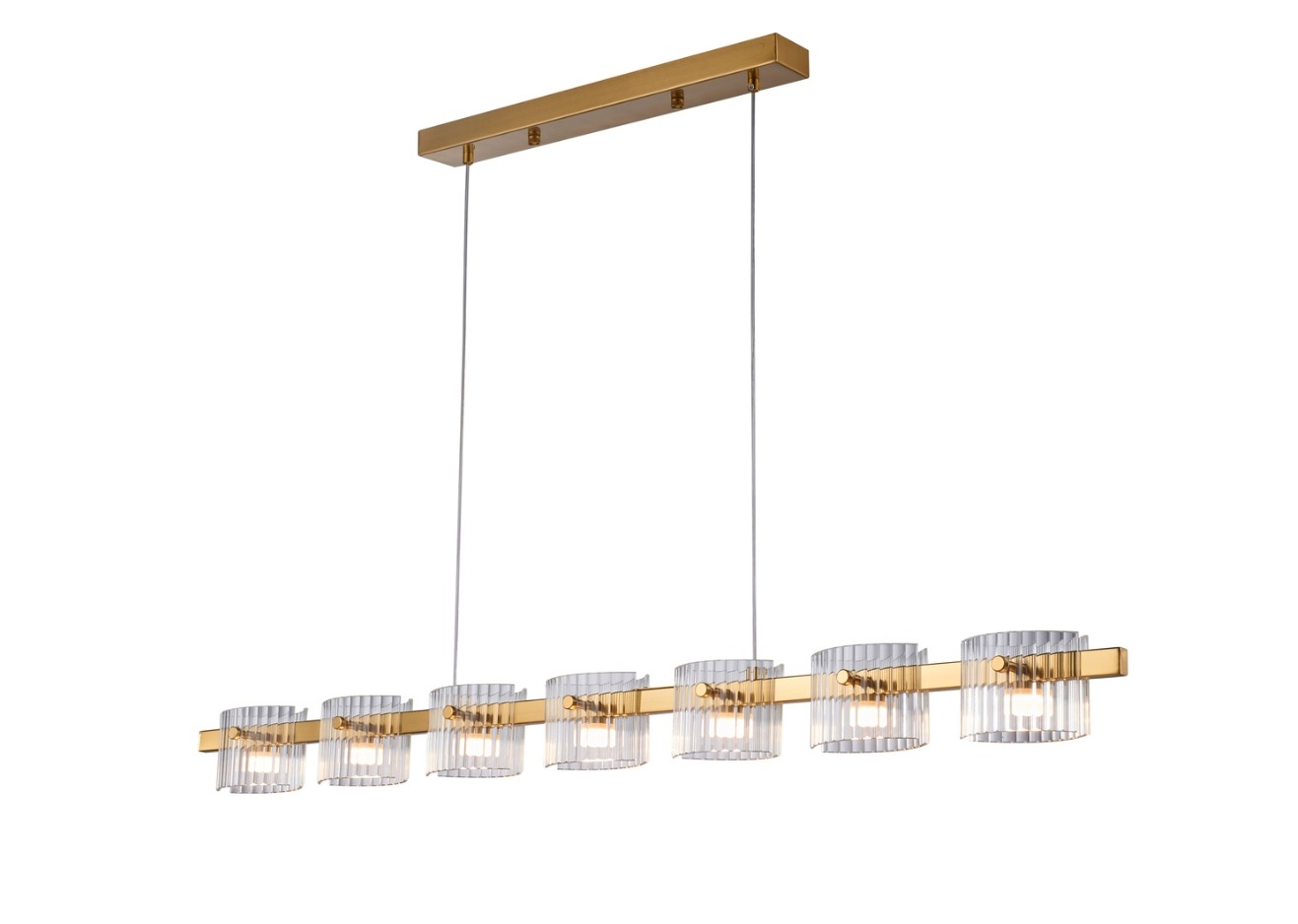 Lampa wisząca glamour złota listwa z 7 szklanymi kloszami Baccio