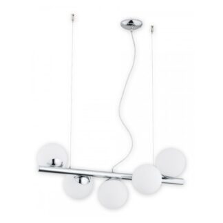 Lampa wisząca Osso 5 chrom – nowoczesna z mlecznymi kulami nad wyspę