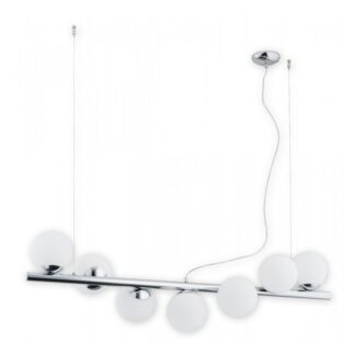 Srebrna lampa wisząca Osso 7 z siedmioma kulistymi kloszami mlecznego szkła