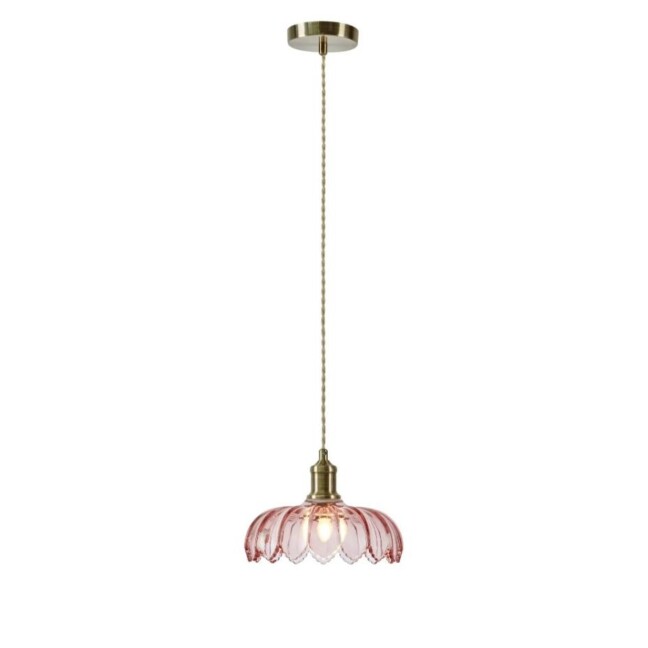 Różowa szklana lampa wisząca Kurage z wykończeniem w antycznym mosiądzu
