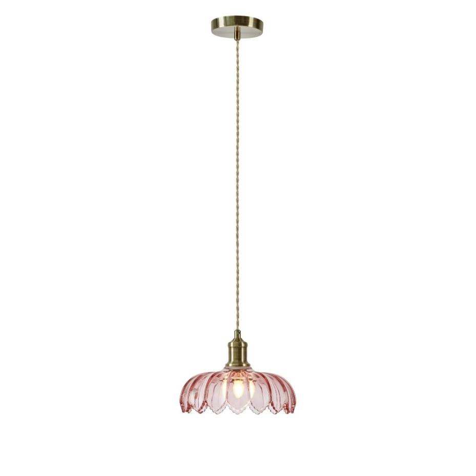 Różowa szklana lampa wisząca Kurage z wykończeniem w antycznym mosiądzu