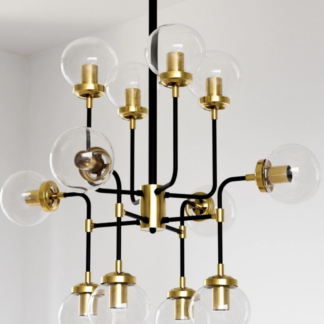 Lampa wisząca Boston Cosmolight 12xE27 czarna z mosiężnymi detalami i szklanymi kulami