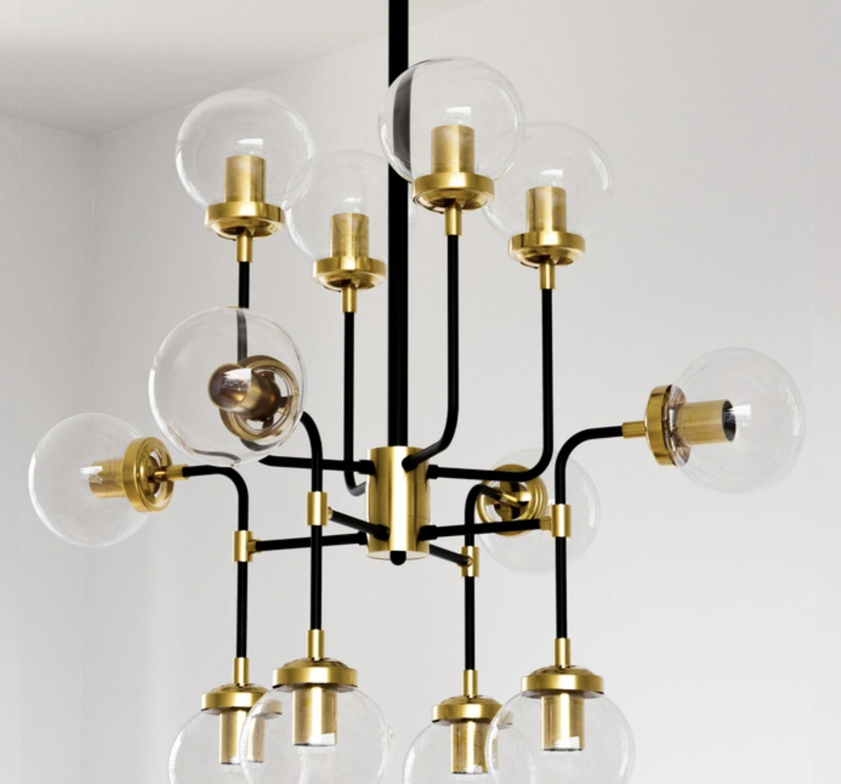 Lampa wisząca Boston Cosmolight 12xE27 czarna z mosiężnymi detalami i szklanymi kulami