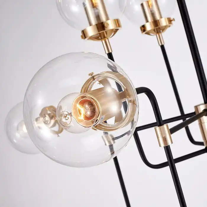 Lampa wisząca Boston Cosmolight 12xE27 czarna z mosiężnymi detalami i szklanymi kulami