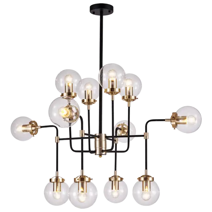 Lampa wisząca Boston Cosmolight 12xE27 czarna z mosiężnymi detalami i szklanymi kulami