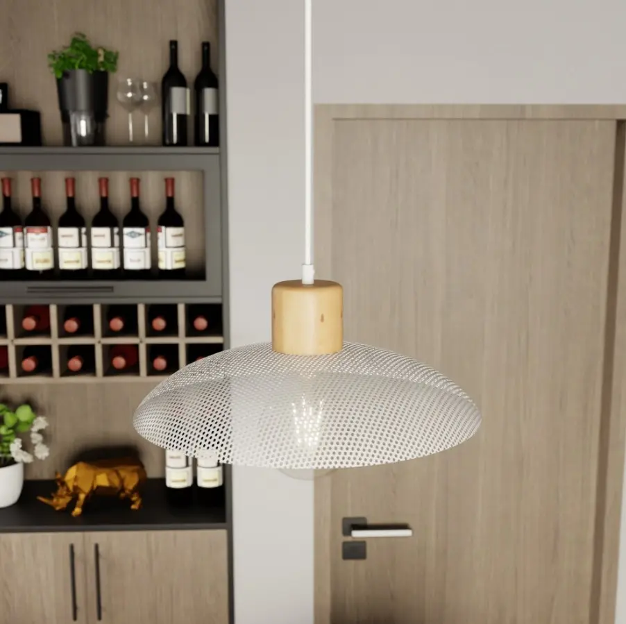 Biała lampa wisząca japandi z drewnem - Emibig Kobe
