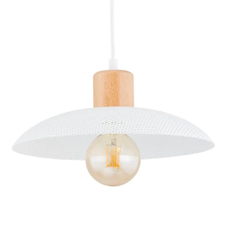 Biała lampa wisząca japandi z drewnem - Emibig Kobe