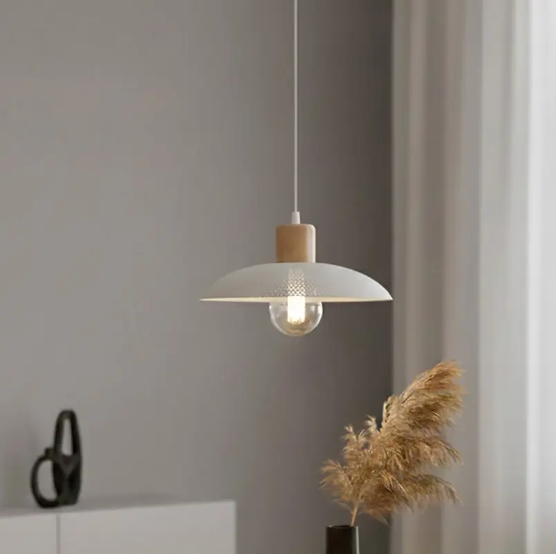 Biała lampa wisząca japandi z drewnem - Emibig Kobe