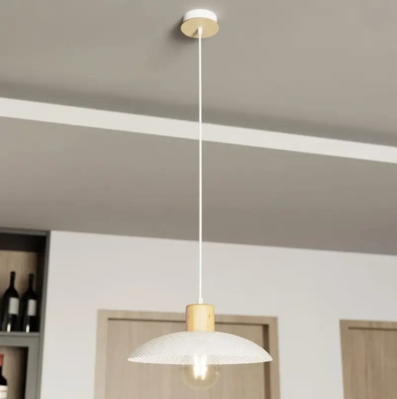 Biała lampa wisząca japandi z drewnem - Emibig Kobe