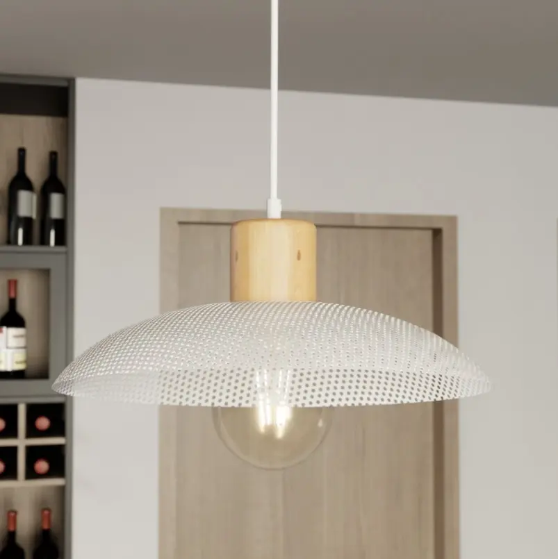 Biała lampa wisząca japandi z drewnem - Emibig Kobe