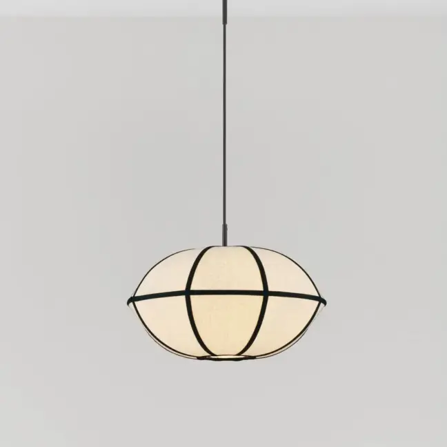 Lampa wisząca japandi, lniany lampion z czarnymi paskami - Hikari 45